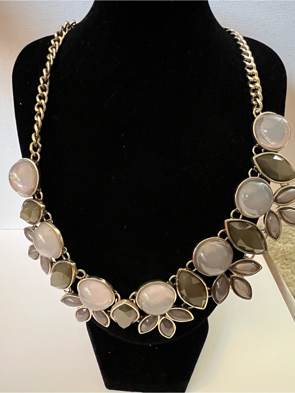 Banana Republic Bib Necklace Gold Grey Olive Statement Jewel Floral